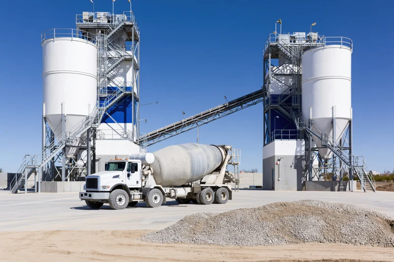 Concrete mixer truck parked at cement batching plant facility