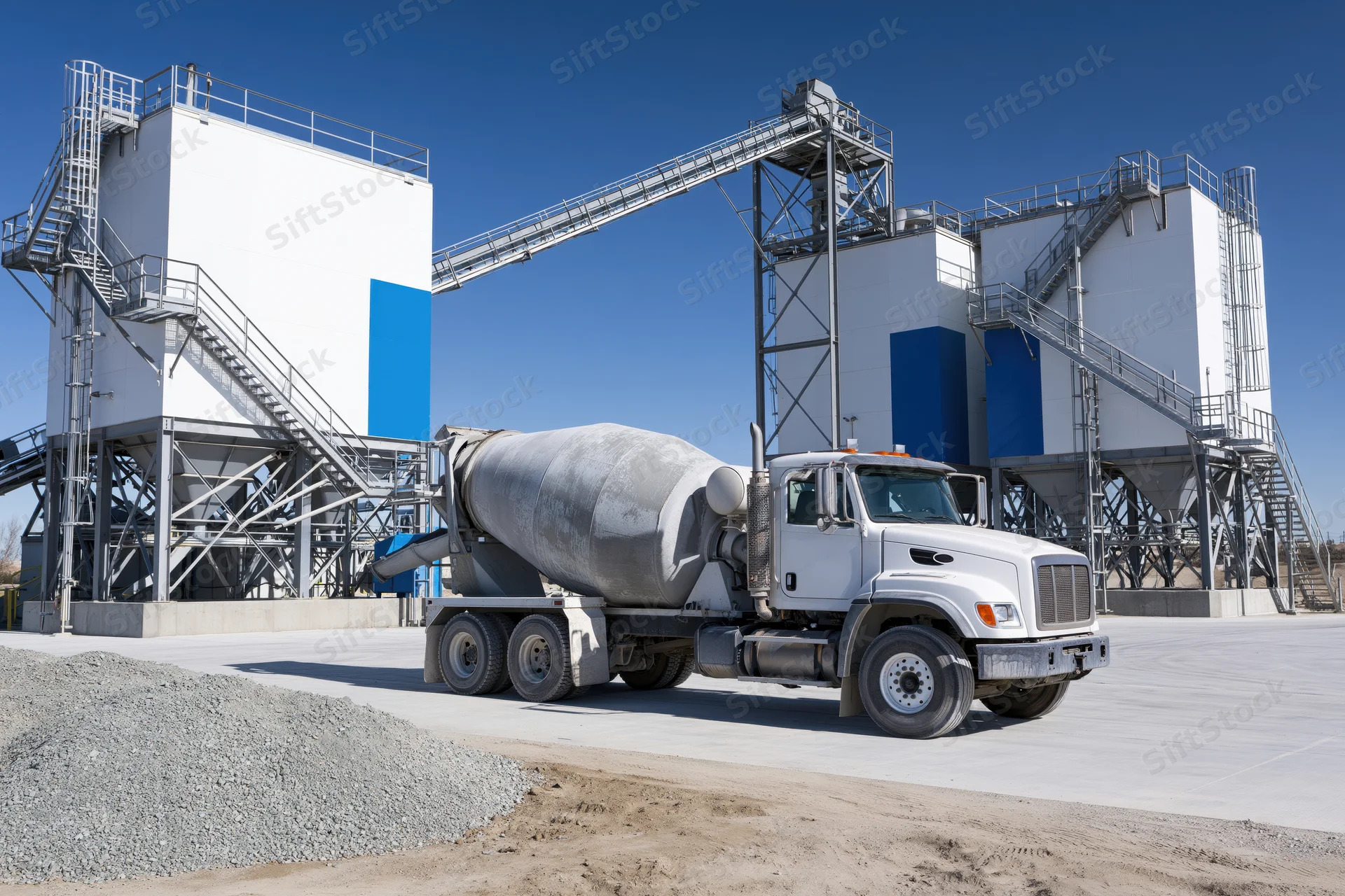 White concrete mixer truck parked at cement batching plant facility