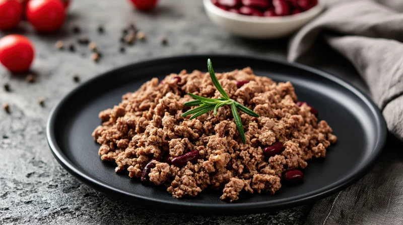 Cooked crumbled ground meat on a matte black ceramic plate garnished with rosemary and kidney beans on a gray stone surface