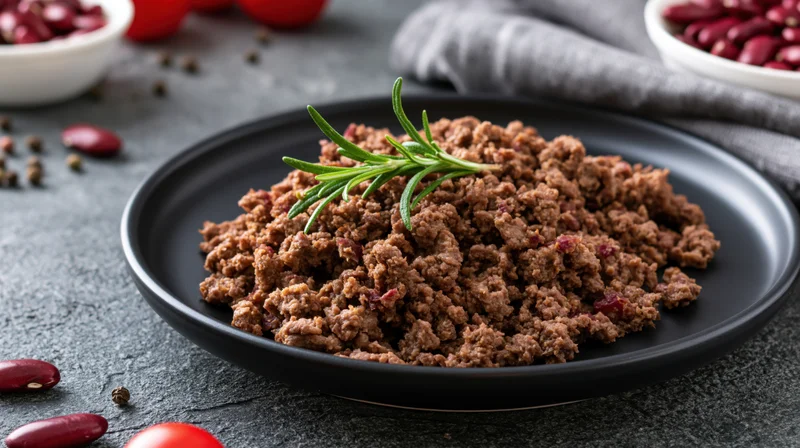 Cooked crumbled ground meat on a matte black ceramic plate garnished with rosemary, surrounded by tomatoes and beans on a gray stone surface