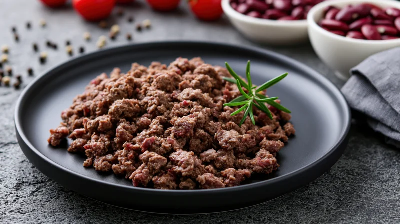 Cooked crumbled ground beef on a matte black ceramic plate with rosemary garnish, surrounded by bowls of beans and tomatoes on a gray stone surface