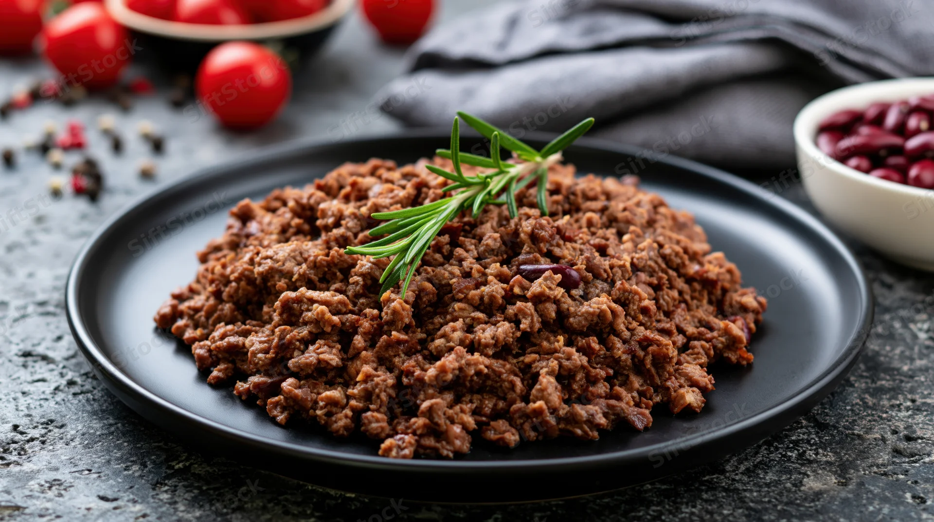 Cooked crumbled ground meat on a matte black ceramic plate garnished with rosemary, surrounded by tomatoes and beans on a dark textured surface