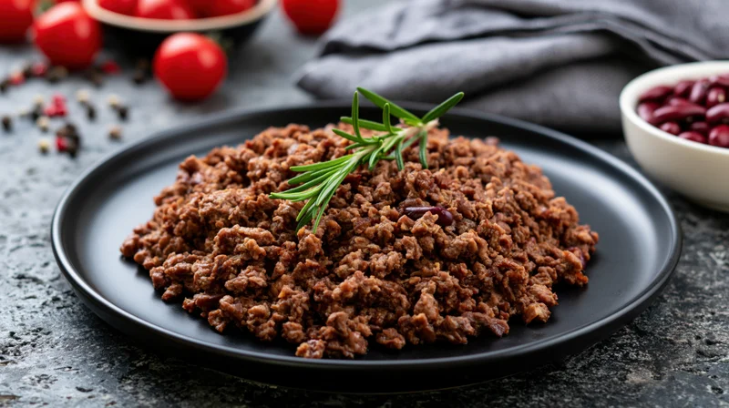 Cooked crumbled ground meat on a matte black ceramic plate garnished with rosemary, surrounded by tomatoes and beans on a dark textured surface