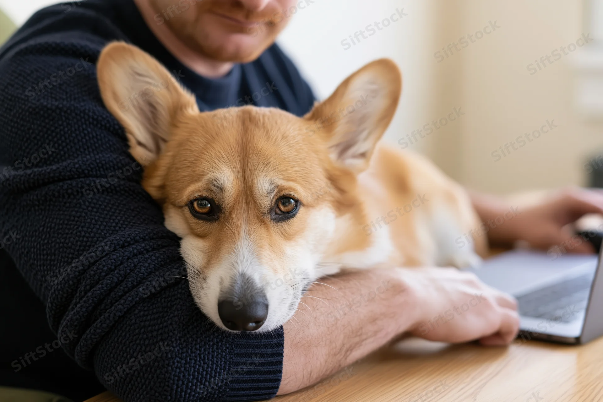Corgi resting chin on man's arm as he types on laptop at home desk