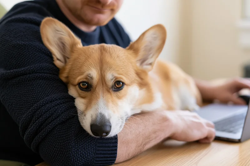 Corgi resting chin on man's arm as he types on laptop at home desk
