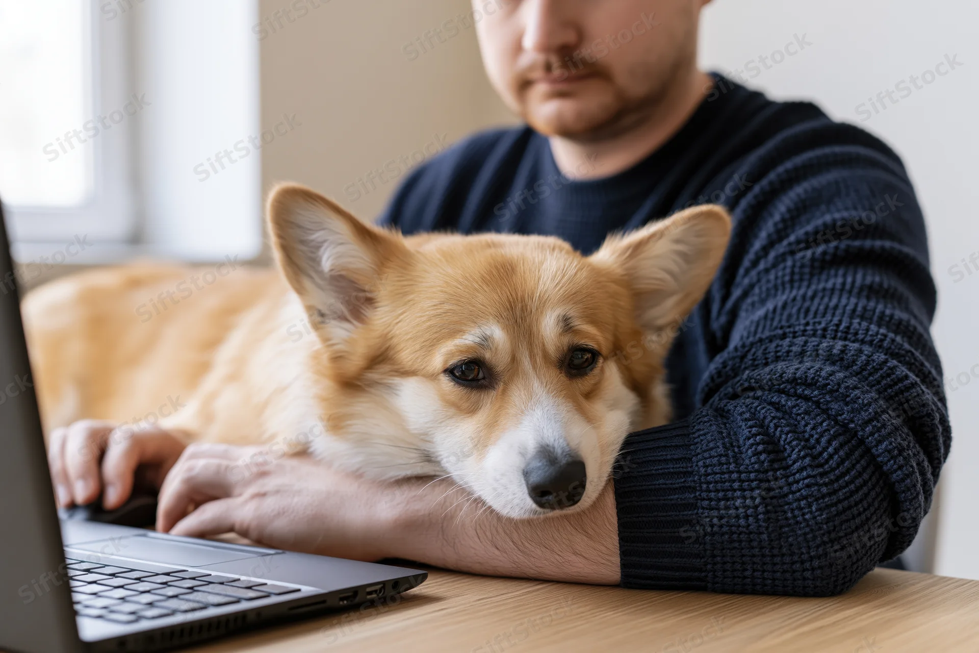 Corgi resting chin on man's arm as he works on laptop at desk