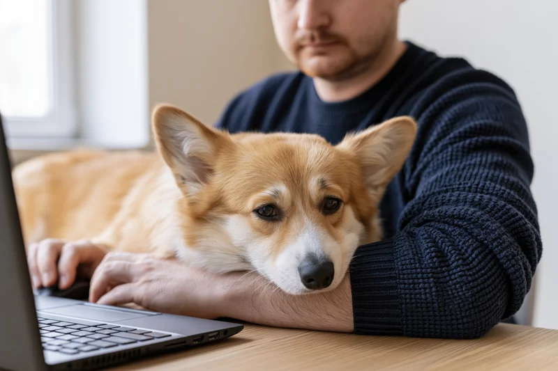 Corgi resting chin on man's arm as he works on laptop at desk