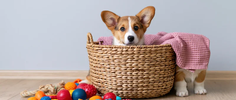 Corgi puppy sitting upright in a woven wicker basket with toys scattered on the floor beside it