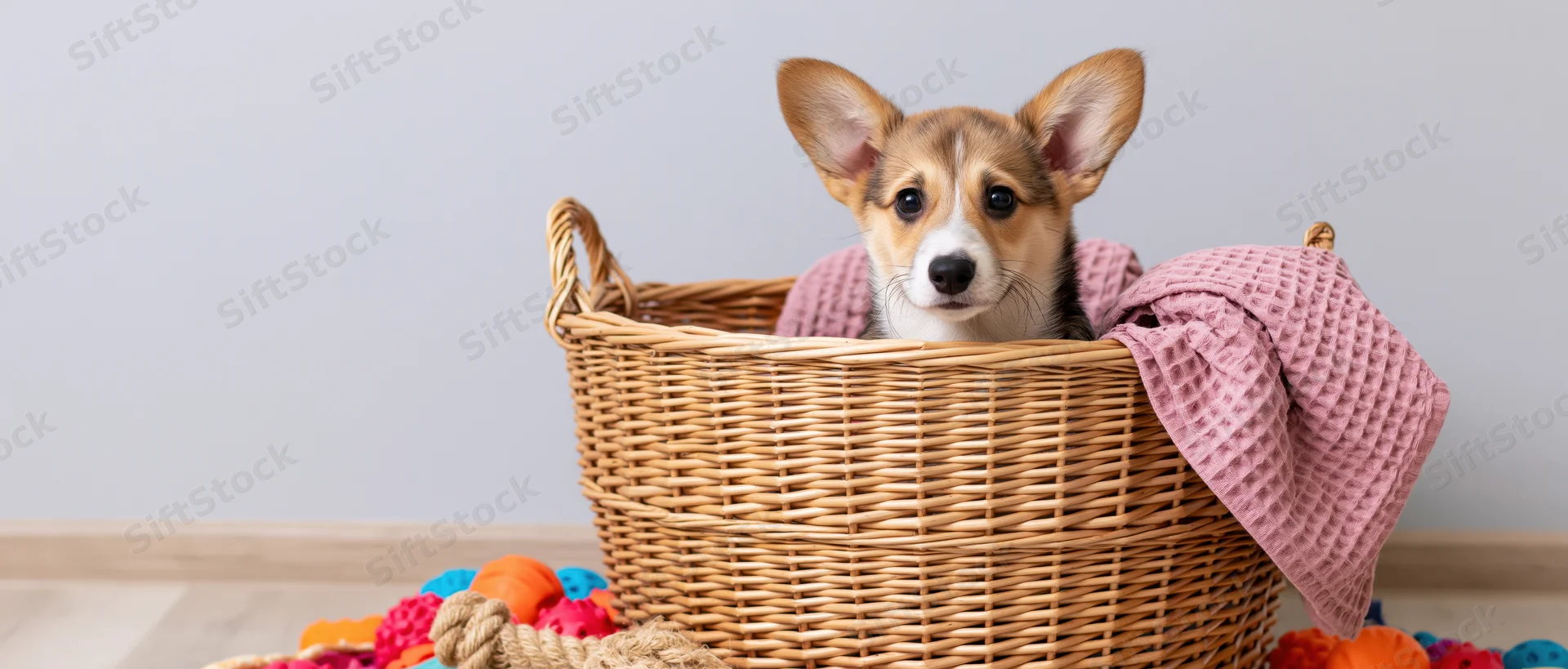 Corgi puppy sitting upright in a wicker basket with pink towel and toys on wooden floor
