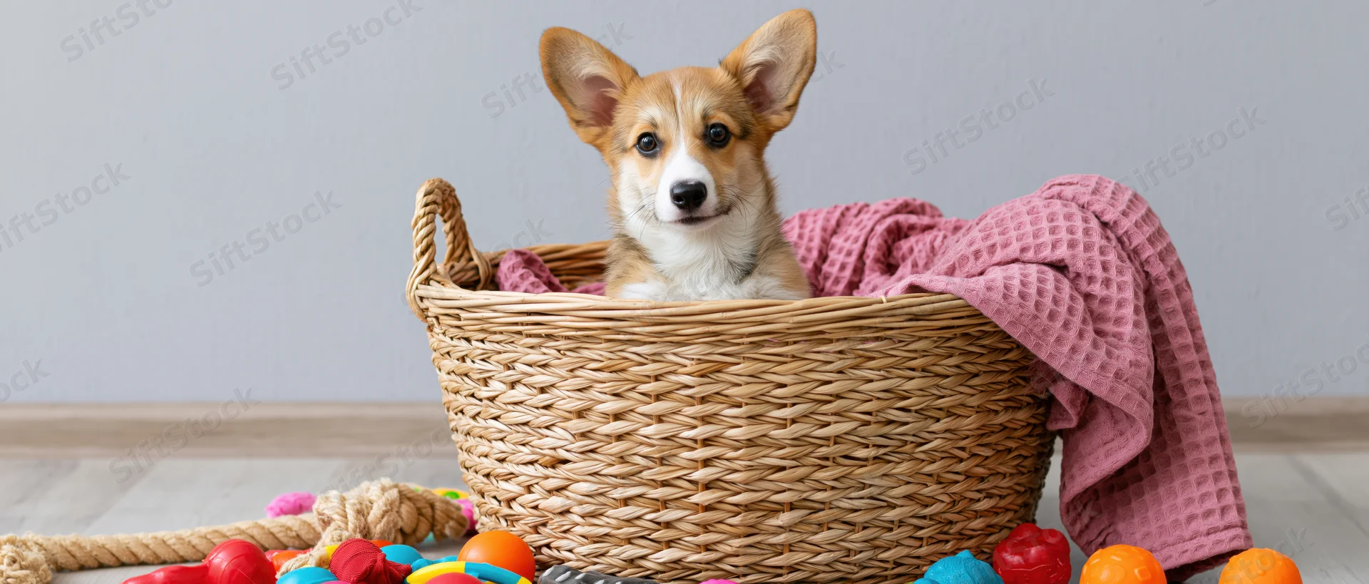 Corgi puppy sitting upright in a woven wicker basket surrounded by colorful toys and a pink towel on a light wooden floor