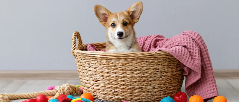 Corgi puppy sitting upright in a woven wicker basket surrounded by colorful toys and a pink towel on a light wooden floor