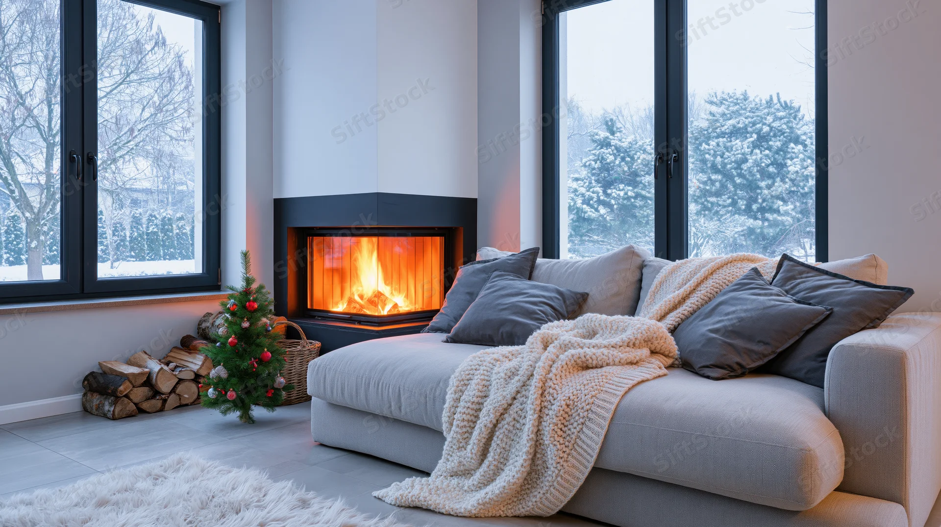 Cozy living room with lit fireplace, sofa draped in knit blanket, small decorated christmas tree beside stacked logs, large windows showing snowy forest outside
