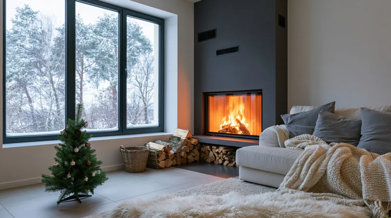 Cozy scandinavian living room with lit fireplace and decorated christmas tree by snowy window