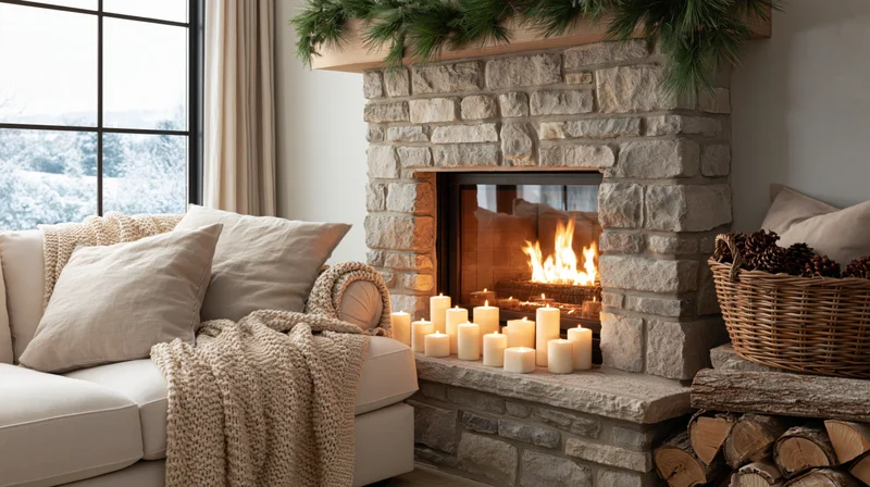 Stone fireplace with lit candles and garland in a cozy living room corner beside a sofa with throw blanket and snowy view outside the window