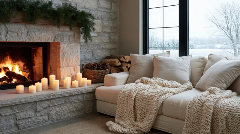 Stone fireplace with lit fire and candles beside a sofa draped in a knitted blanket in a cozy living room corner