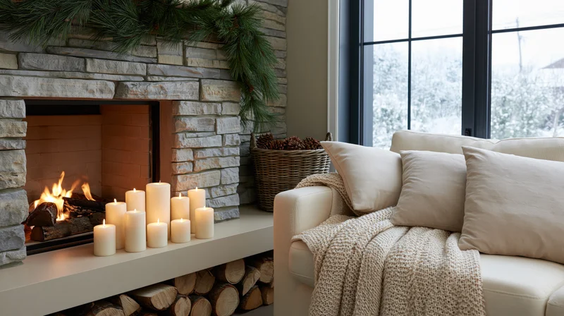 Stone fireplace with lit candles and garland beside a white sofa with throw blanket, snow visible through window