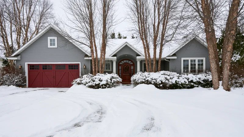 Craftsman-style suburban house with grey vinyl siding and red garage doors in snow-covered yard