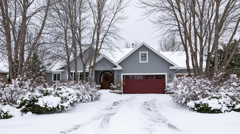 Craftsman-style suburban house with grey vinyl siding and red garage door in snow-covered yard