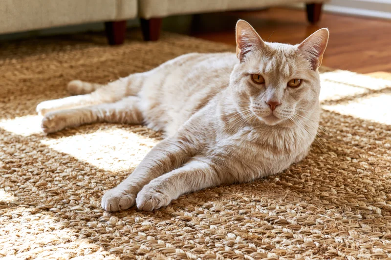Cream-colored short-haired cat lying stretched out on woven rug in sunlit living room