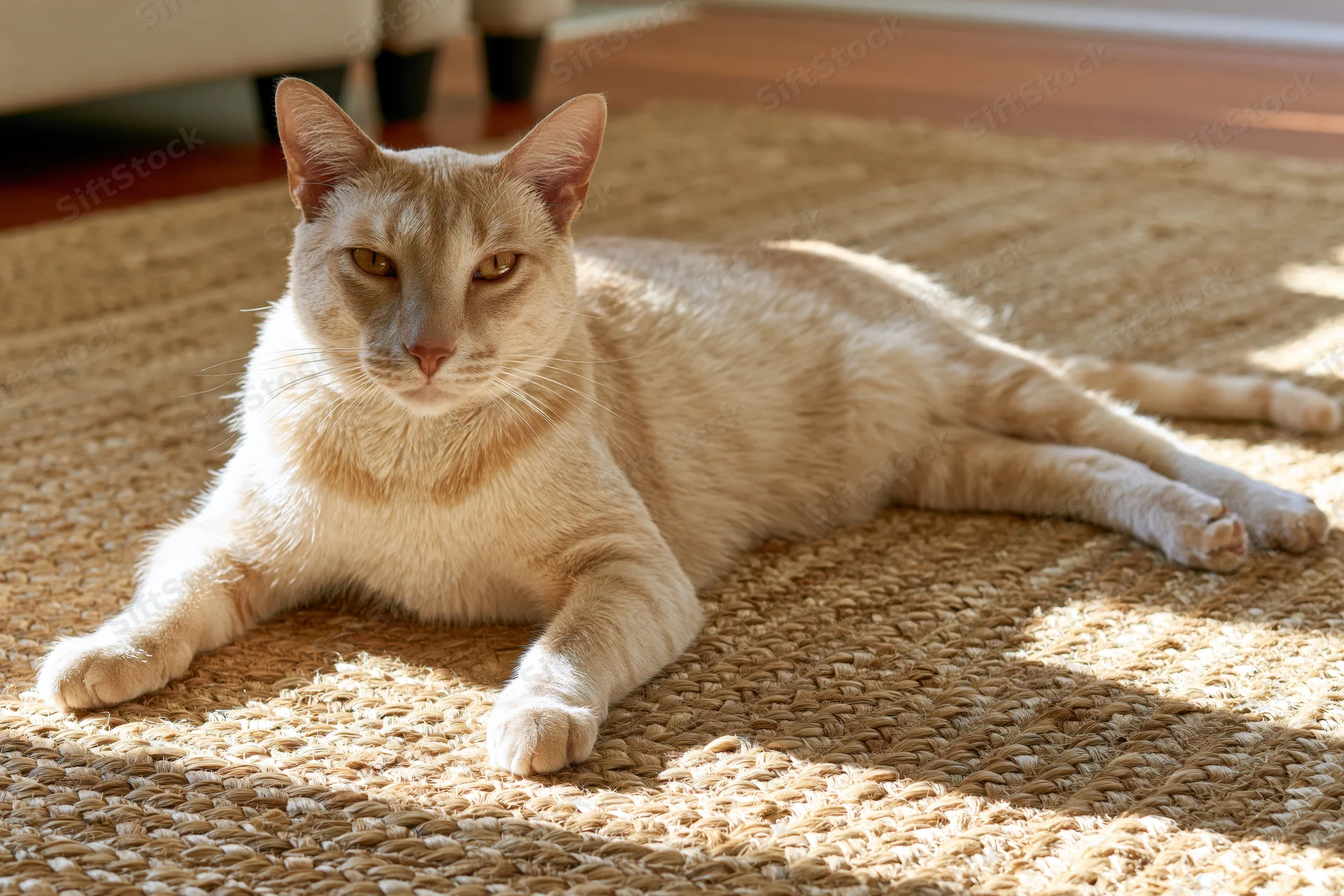 Cream-colored short-haired cat lying stretched out on woven rug in sunlit living room