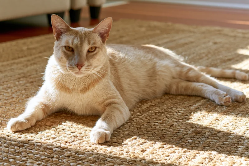 Cream-colored short-haired cat lying stretched out on woven rug in sunlit living room