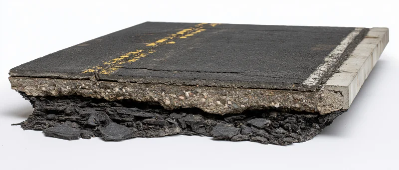 Cross-section of a two-lane asphalt road showing layered pavement structure with cracks and road markings on white background