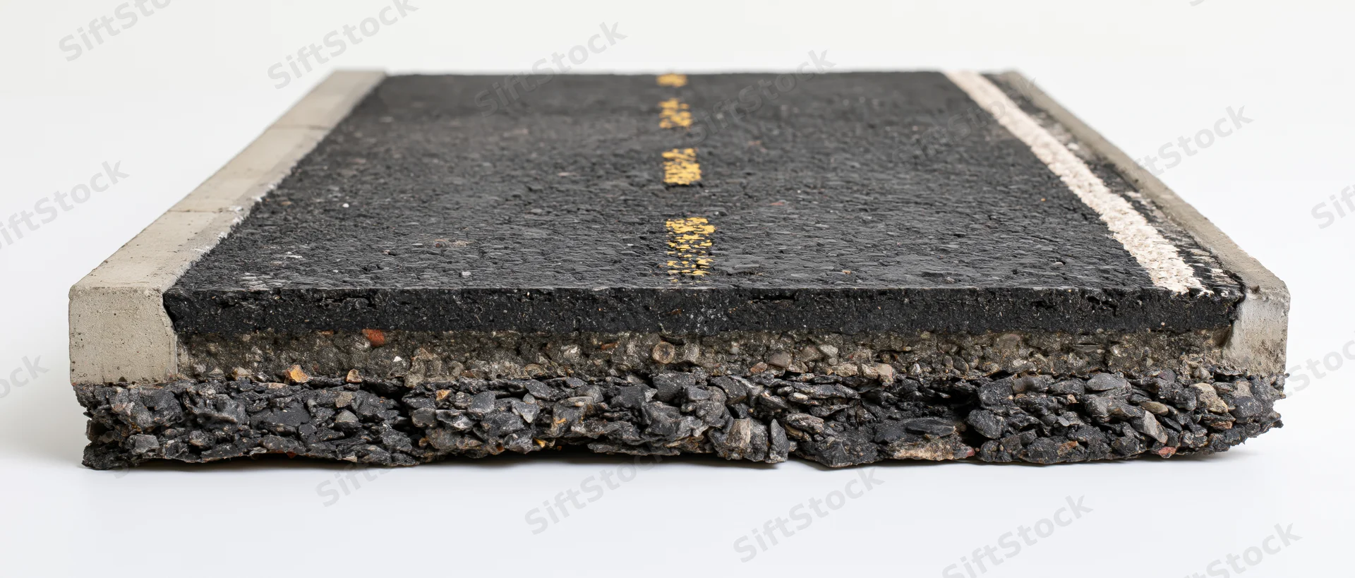 Cross-section of a two-lane asphalt road showing layered pavement structure with concrete curbs and painted lane markings on a white background