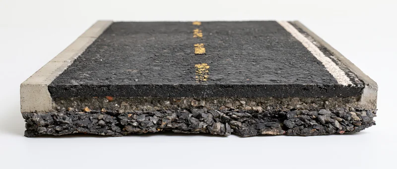 Cross-section of a two-lane asphalt road showing layered pavement structure with concrete curbs and painted lane markings on a white background