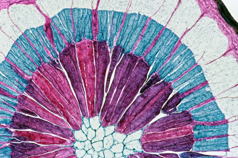 Cross-section of a woody plant stem showing vascular tissue layers under light microscopy