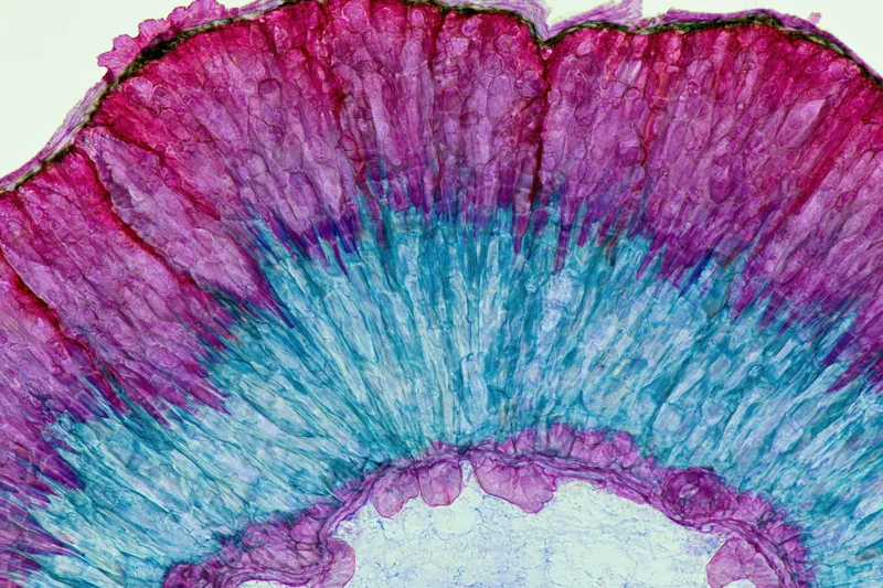 Cross-section of a woody plant stem showing vascular tissue layers under light microscopy