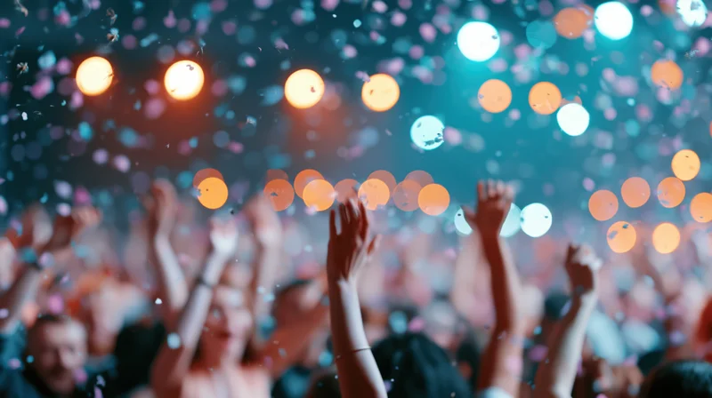 Crowd of people with arms raised celebrating at an indoor event under colorful lights and falling confetti