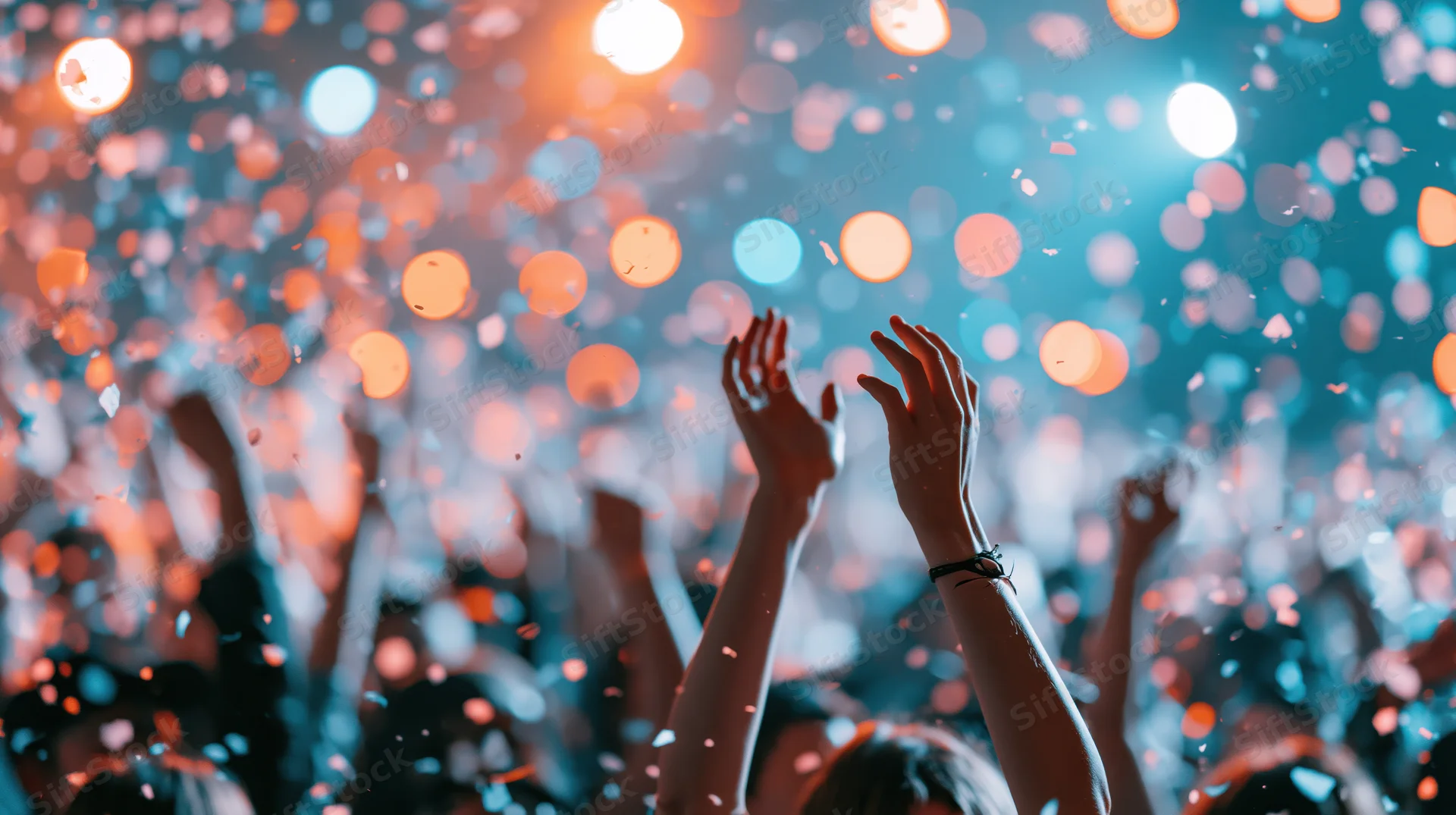 Crowd celebrating at indoor concert with arms raised under stage lights and confetti