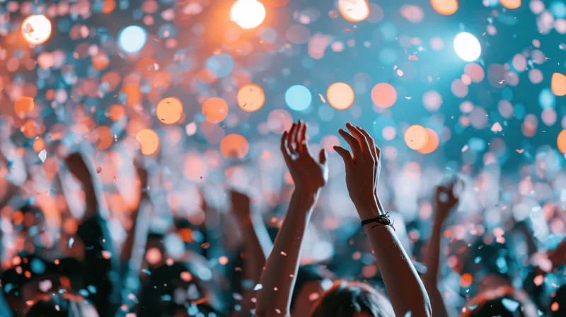 Crowd celebrating at indoor concert with arms raised under stage lights and confetti