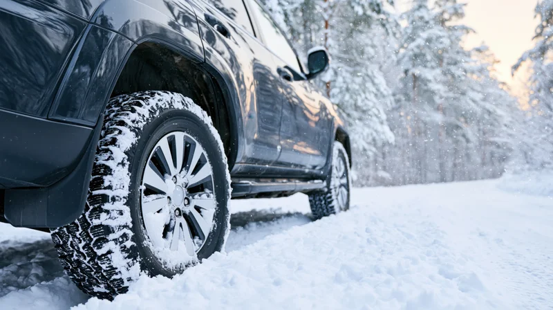 Black suv driving on snow-covered road through winter forest