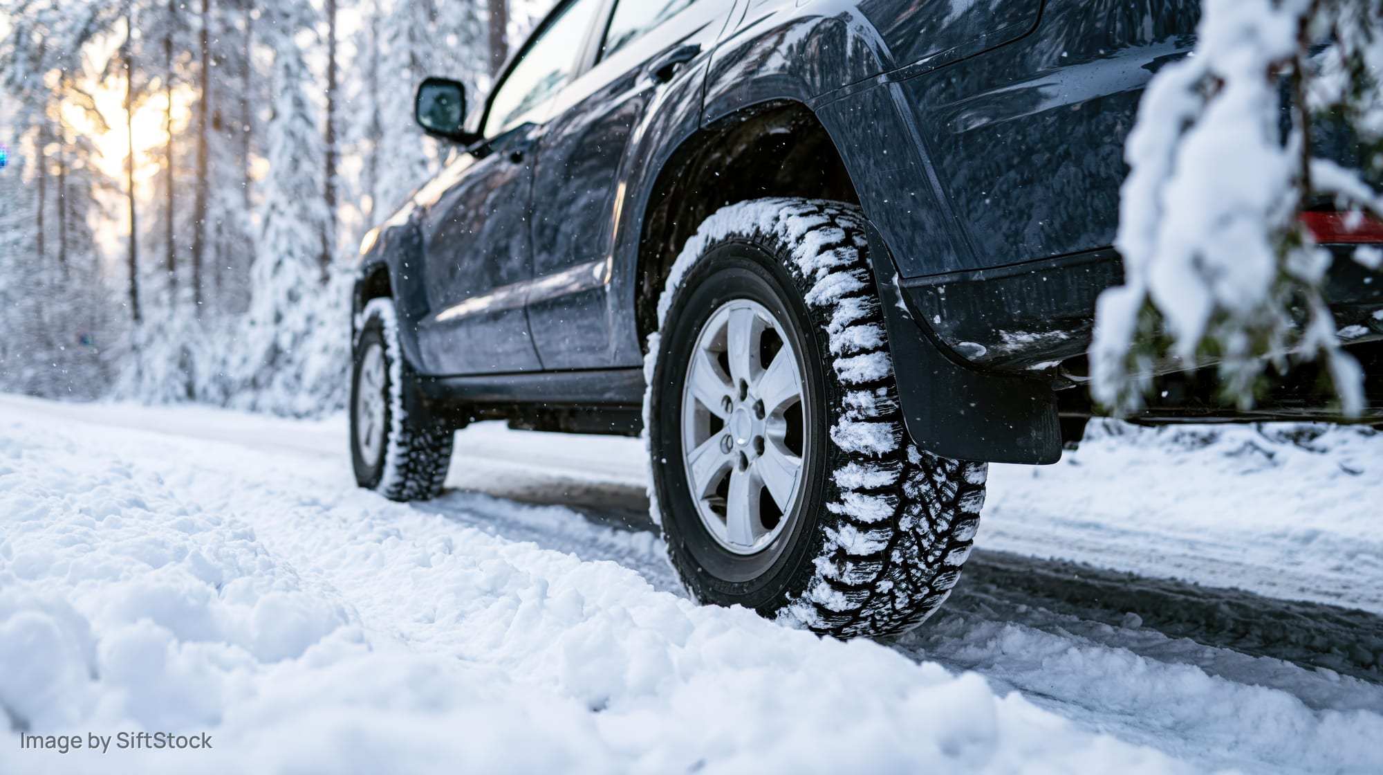 Black suv driving on snow-covered road through snowy forest in winter
