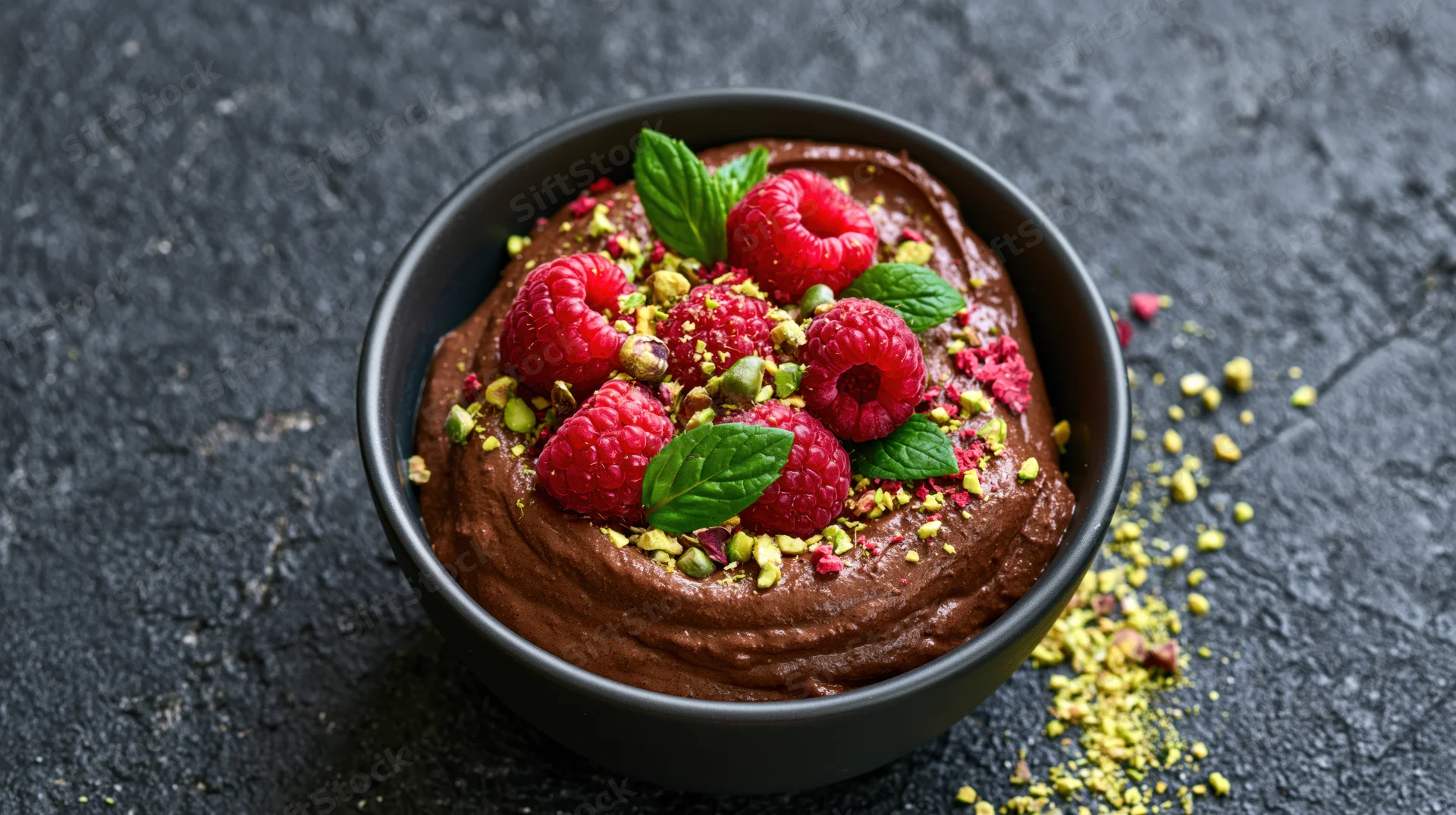 Chocolate mousse in a dark ceramic bowl topped with raspberries, mint leaves and crushed pistachios on a textured stone surface