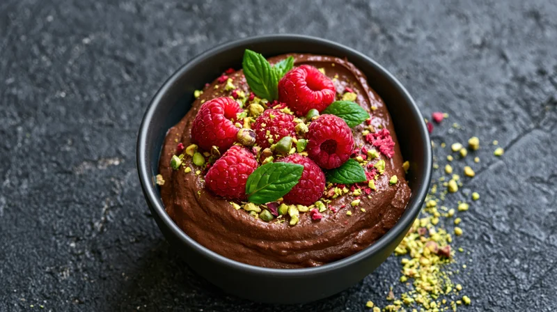 Chocolate mousse in a dark ceramic bowl topped with raspberries, mint leaves and crushed pistachios on a textured stone surface