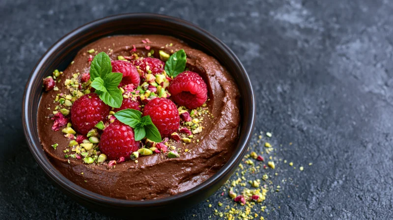 Chocolate mousse in a dark ceramic bowl topped with raspberries, mint, and crushed pistachios on a textured black surface
