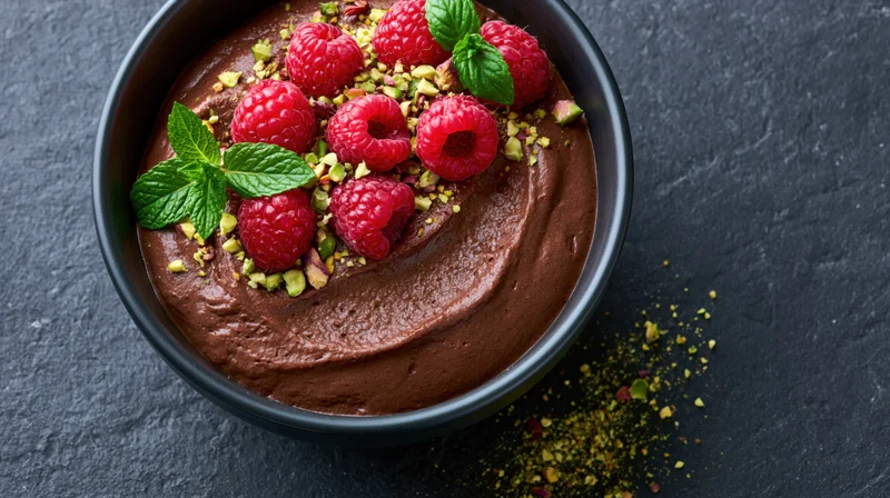 Chocolate mousse in a dark ceramic bowl topped with raspberries, mint, and crushed pistachios on a black stone surface