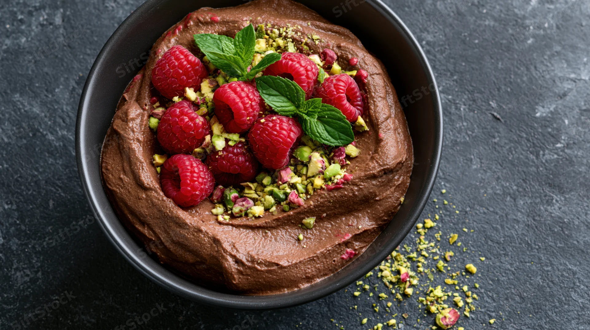 Chocolate mousse topped with raspberries and mint in a dark ceramic bowl on a textured surface
