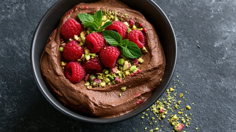 Chocolate mousse topped with raspberries and mint in a dark ceramic bowl on a textured surface