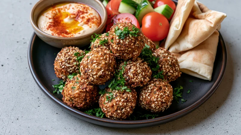 Golden-brown falafel balls stacked on a dark ceramic plate with hummus, pita, and fresh vegetables