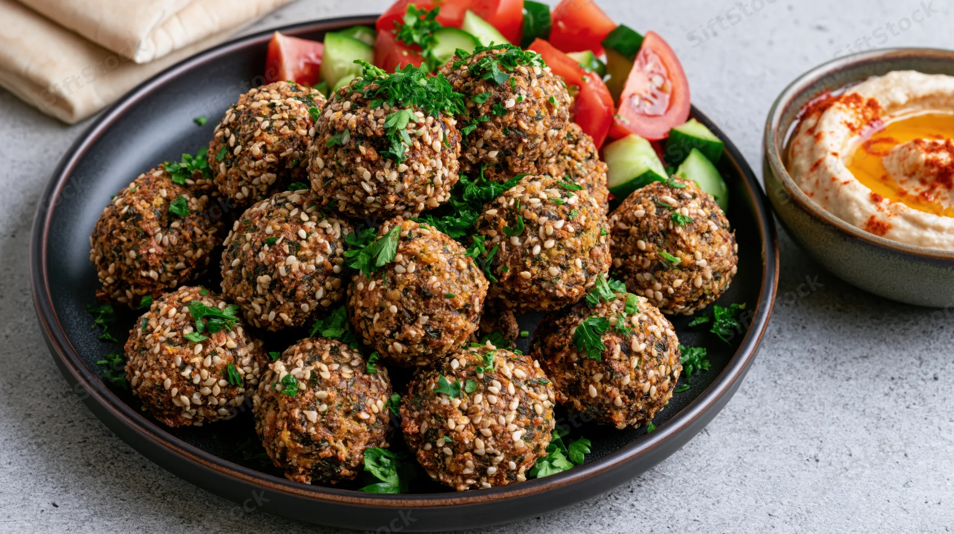 Golden-brown falafel balls topped with sesame and parsley on a dark ceramic plate with tomato cucumber salad and hummus dip beside it