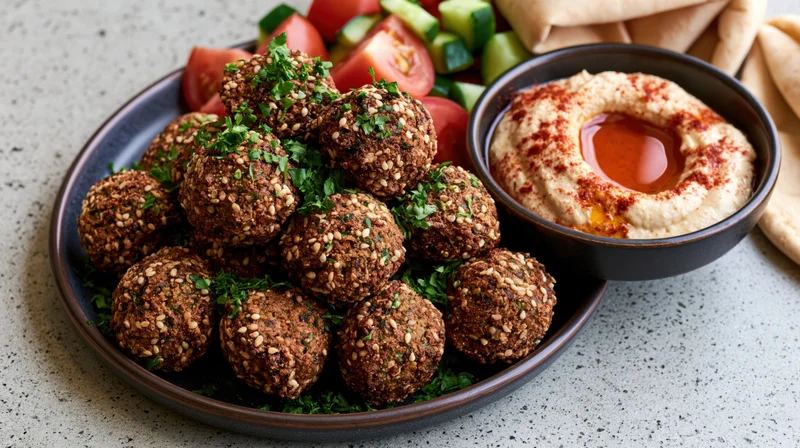 Falafel balls with hummus and vegetables on a ceramic plate