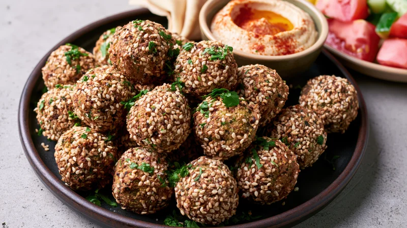 Golden-brown falafel balls coated in sesame seeds on a dark ceramic plate with hummus and salad beside