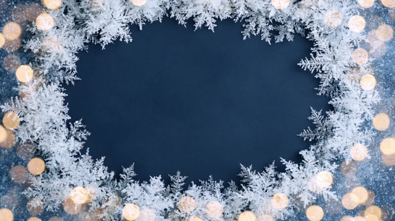 Circular frosty snowflake frame border with bokeh lights on dark blue background