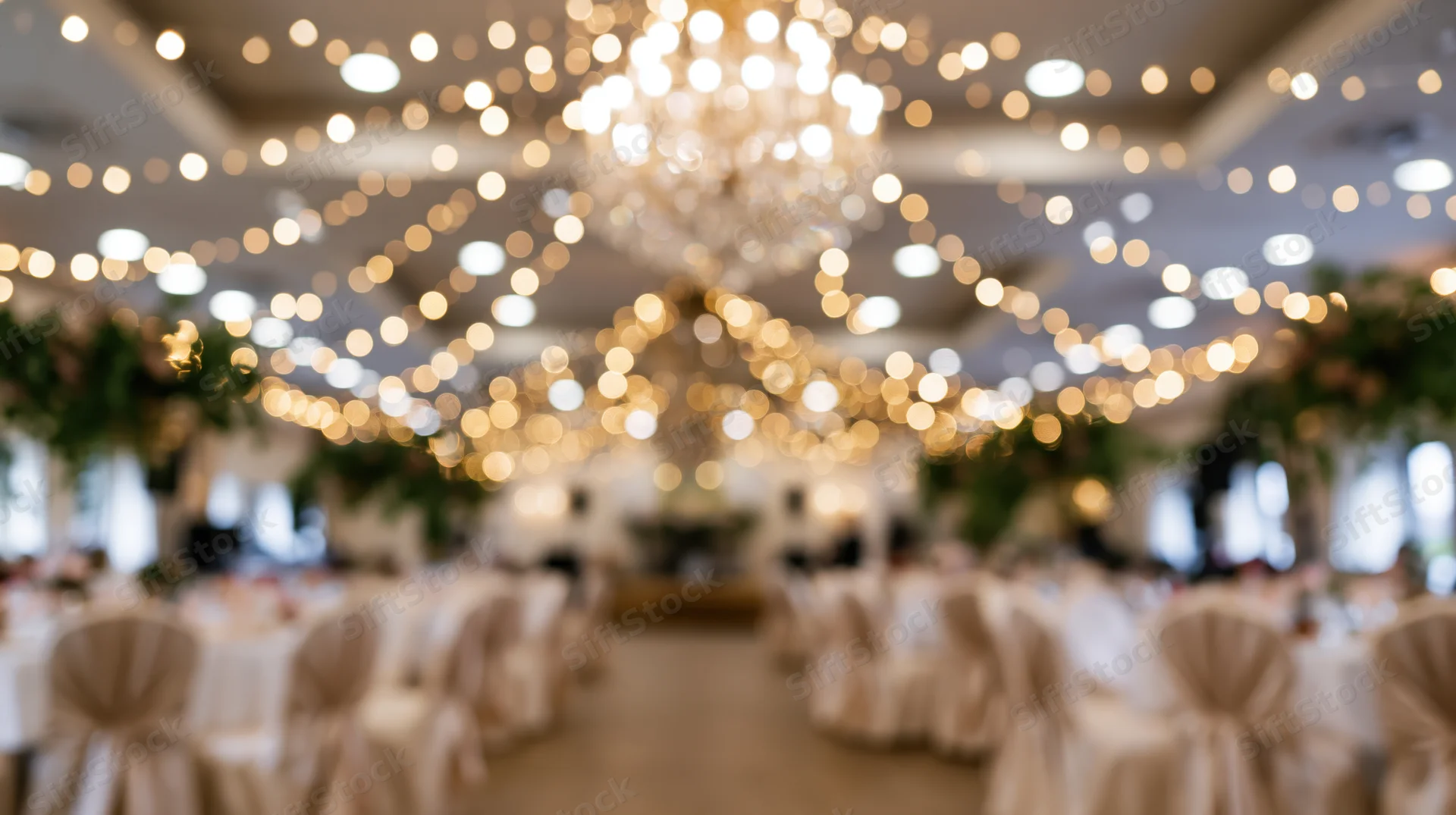 Blurred interior of a wedding reception hall with string lights and chandeliers above tables set for guests