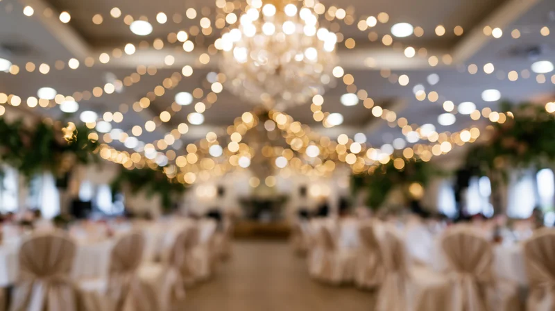 Blurred interior of a wedding reception hall with string lights and chandeliers above tables set for guests