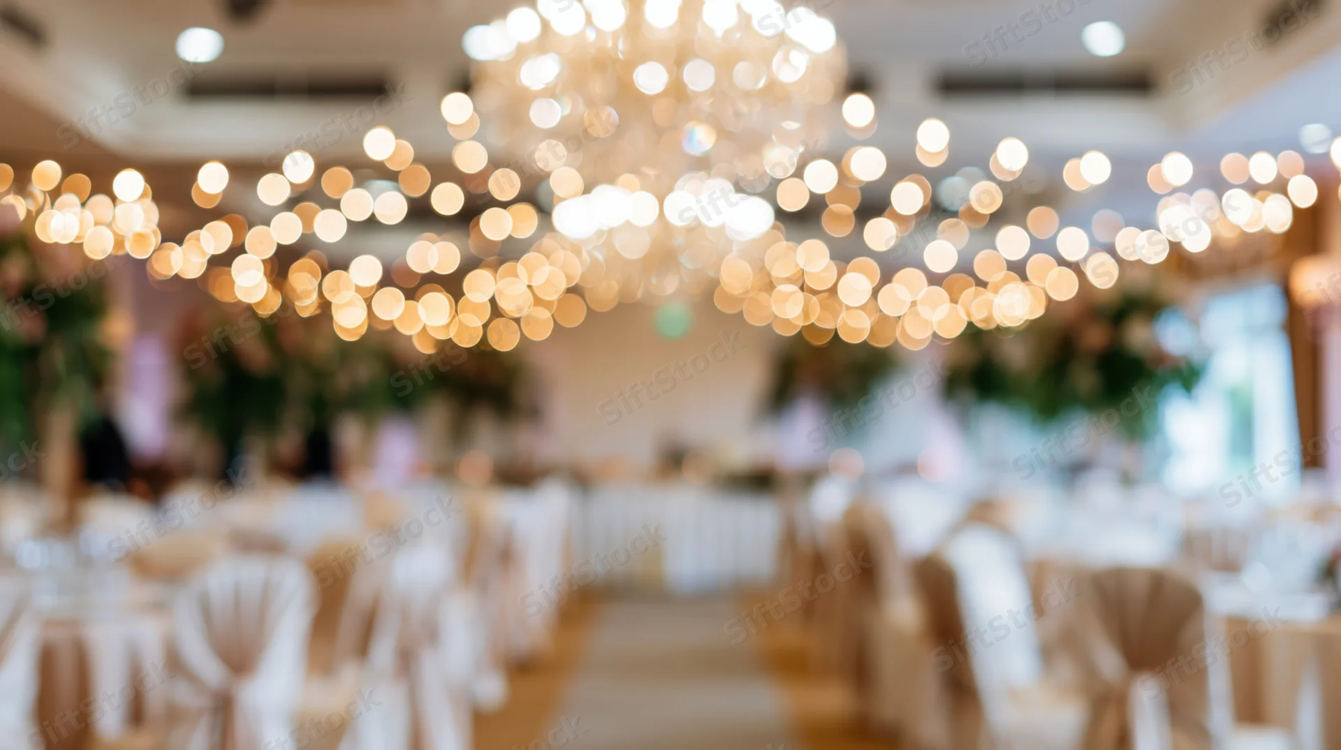 Defocused view of an elegant wedding reception hall with string lights and chandeliers overhead, tables set with white linens and chairs along an aisle