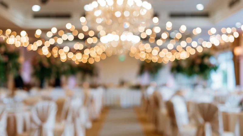 Defocused view of an elegant wedding reception hall with string lights and chandeliers overhead, tables set with white linens and chairs along an aisle